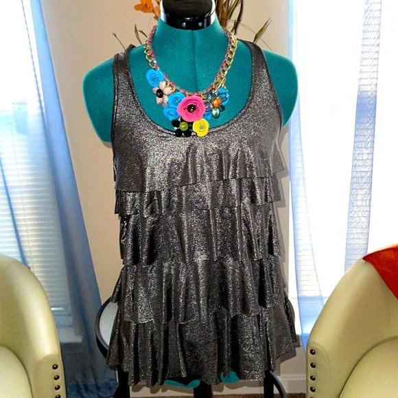 Forever 21 Tops F2 Silver Metallic Tiered Racerback Tank Top